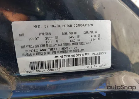 1999 Mazda Mx-5 Miata Leather Pkg/Popular Equipment Pkg/Sports Pkg/Touring Pkg z USA, uszkodzony, nr VIN JM1NB3534X0100990